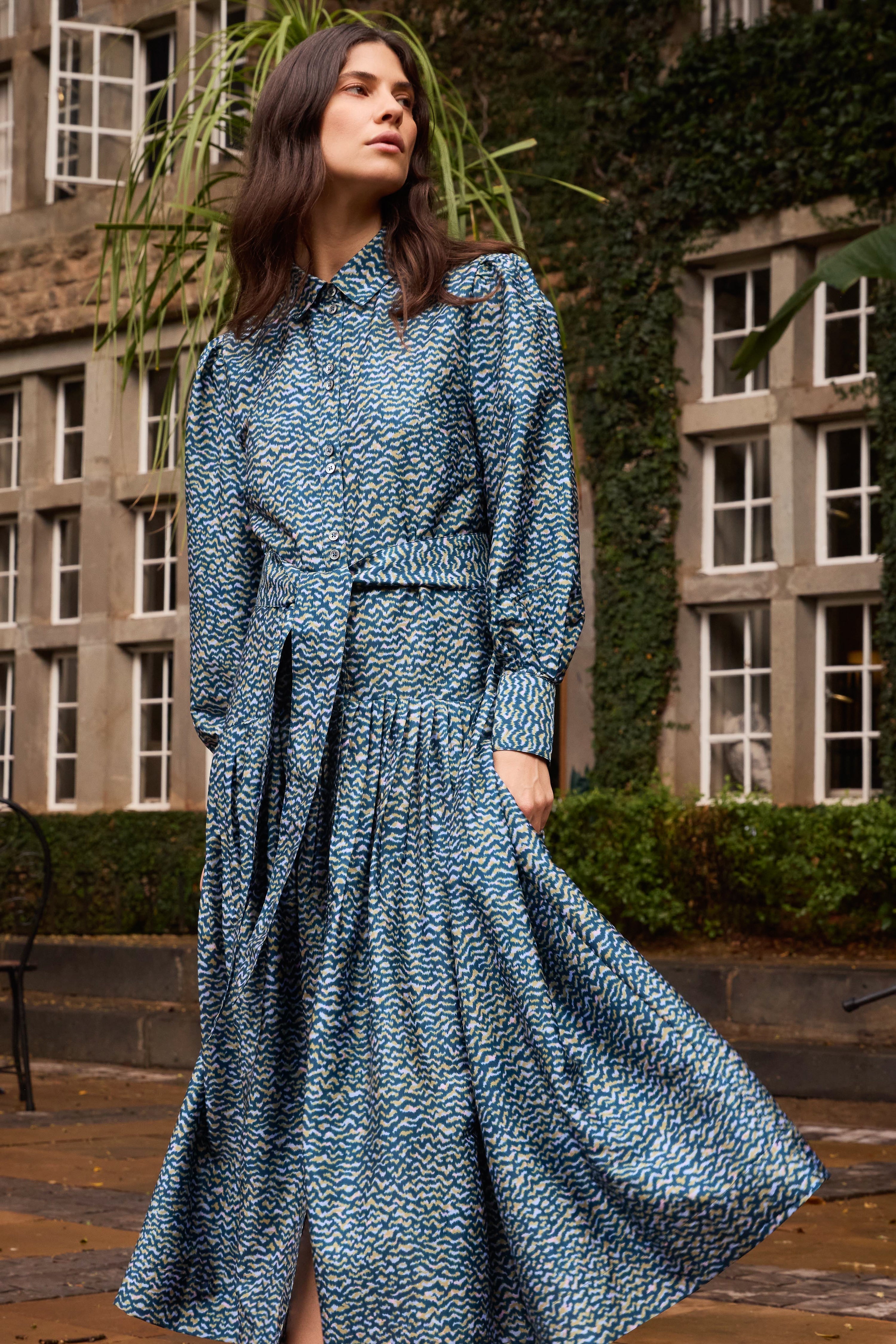 Oliphant Tie Front Zig Zag Dress in navy blue geometric print with long sleeves and flowing maxi skirt