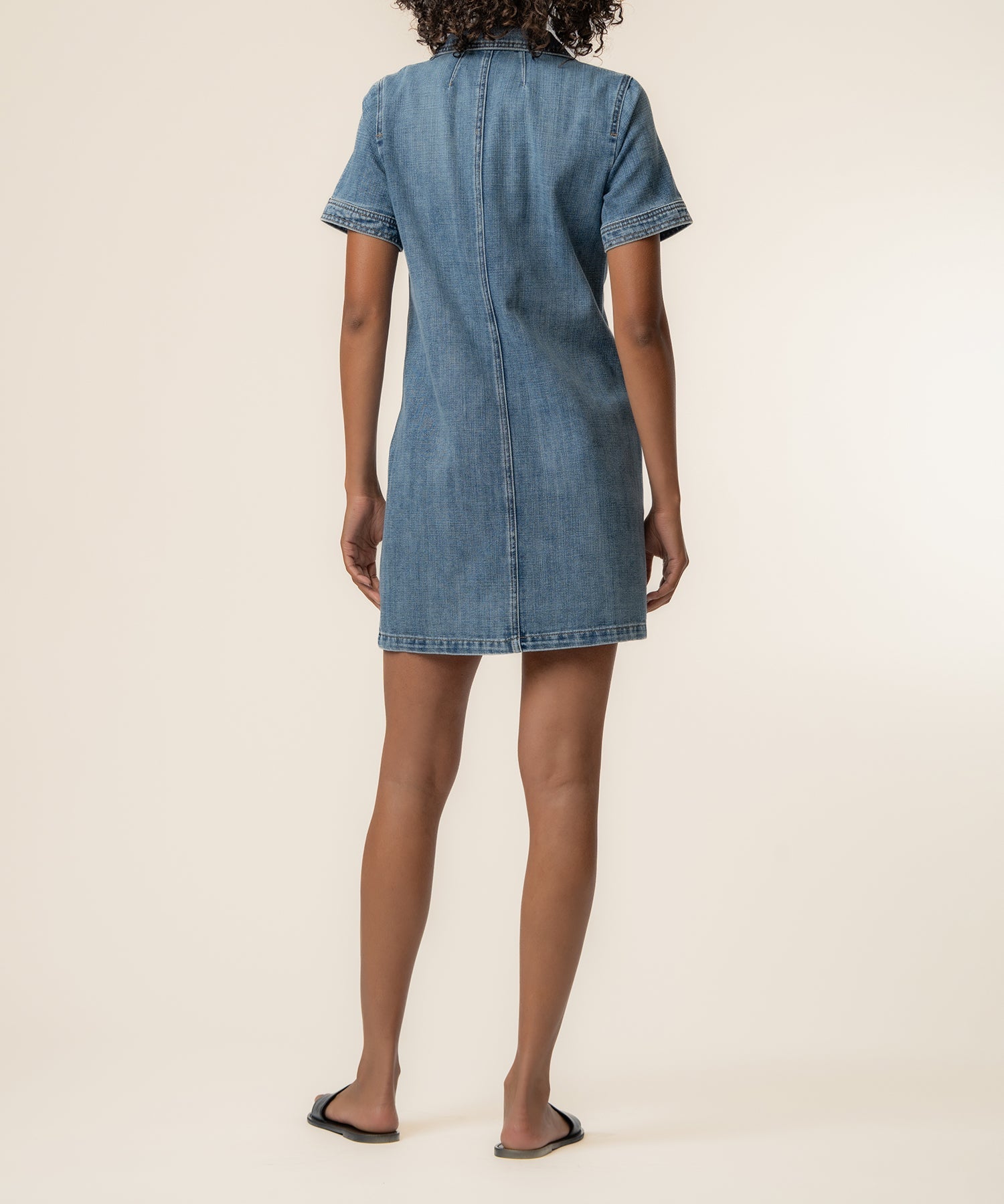 Woman wearing blue denim short-sleeve dress shown from behind against neutral background