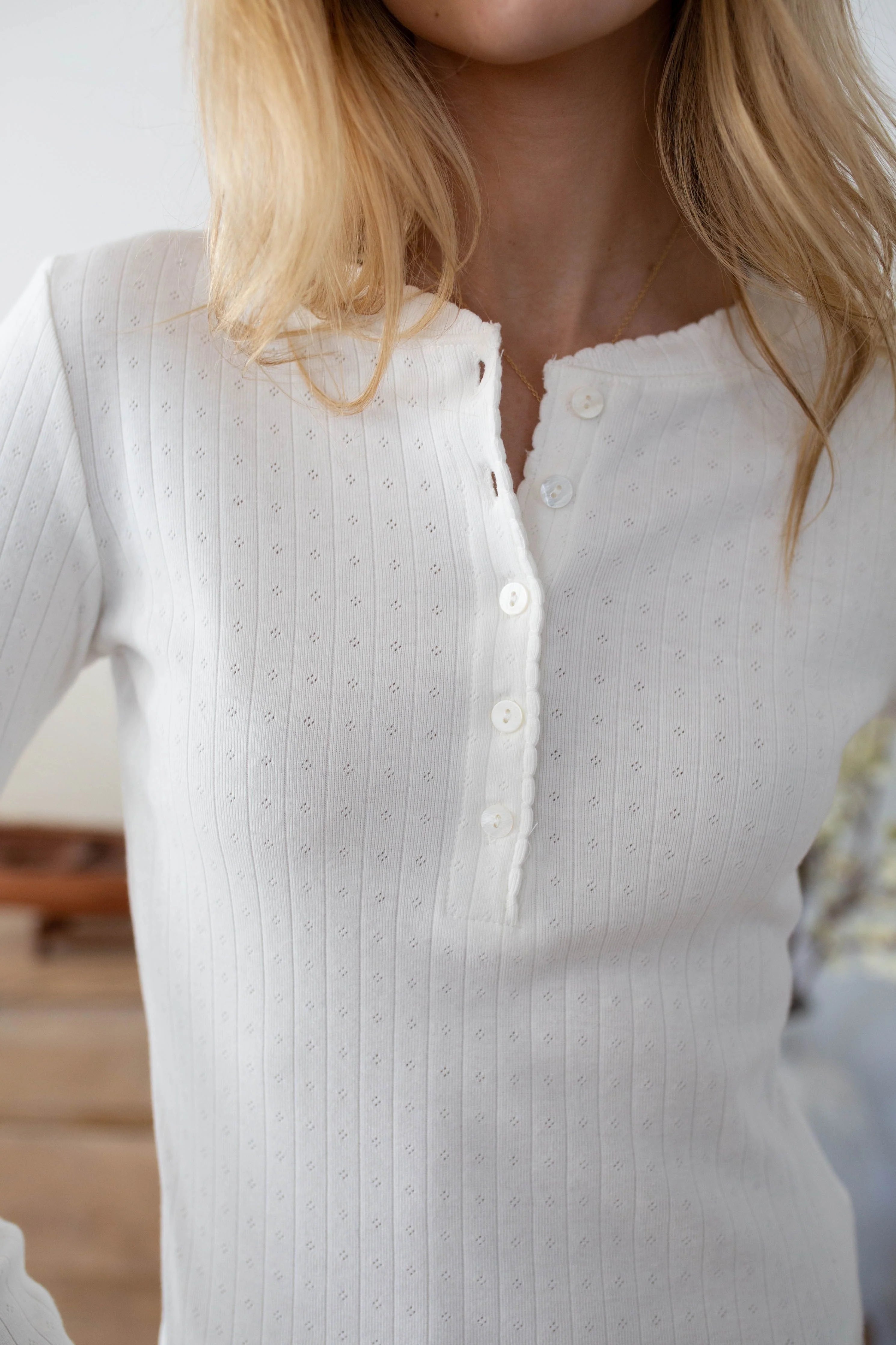 Pointelle Long Sleeve Henley| White