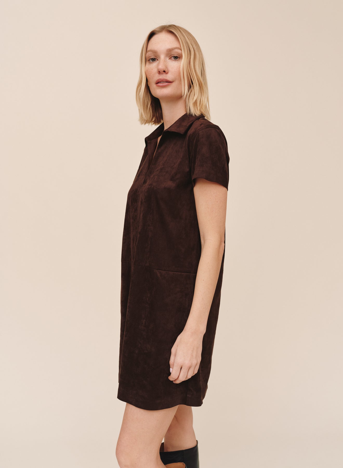 Bella Dahl short sleeve suede-like A-line polo dress in dark chocolate brown