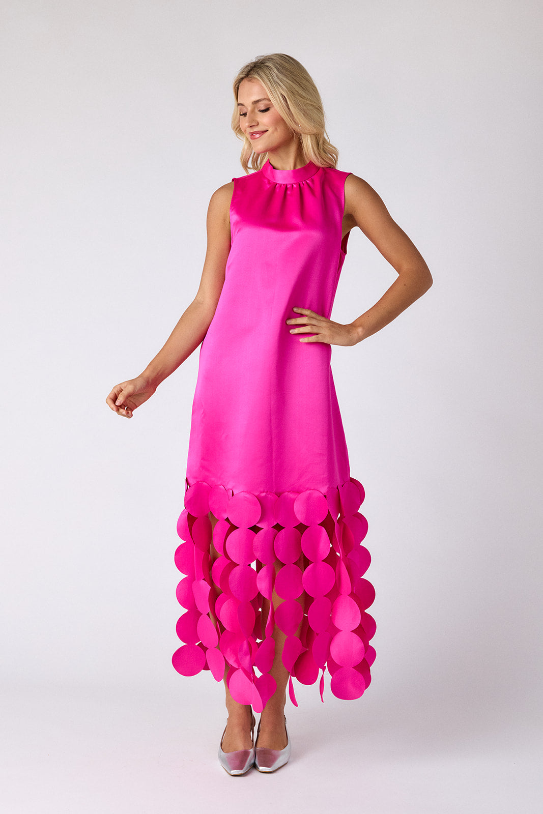 Crosby by Mollie Burch Ponce Party Dress in Mollie Pink with circular disc hem detail