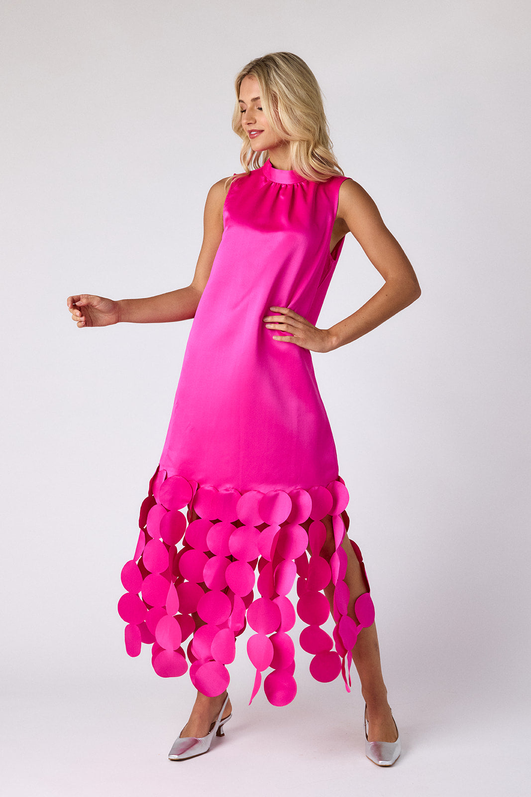 Crosby by Mollie Burch Ponce Party Dress in bright pink with circular disc fringe hem