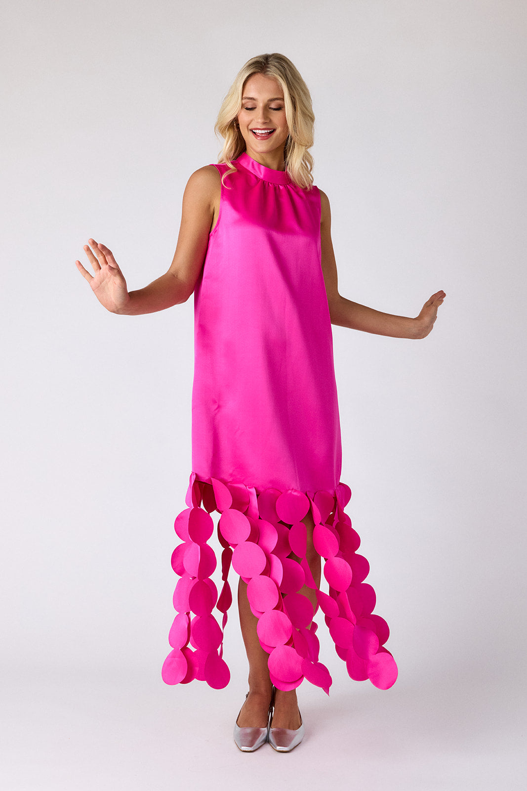 Crosby by Mollie Burch Ponce Party Dress in Mollie Pink with circular disc hem embellishments