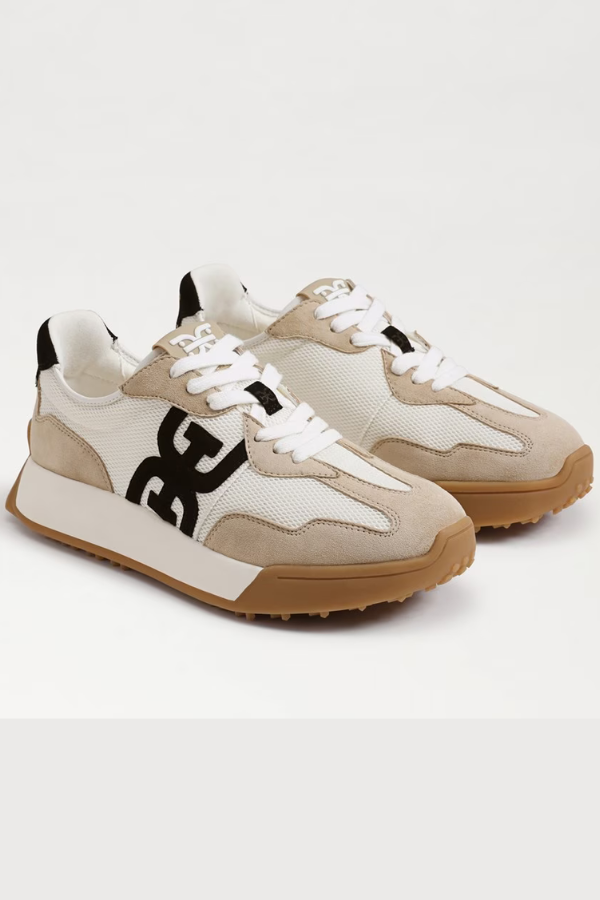 Sam Edelman Langley sneakers in white, tan and black colorway with gum sole