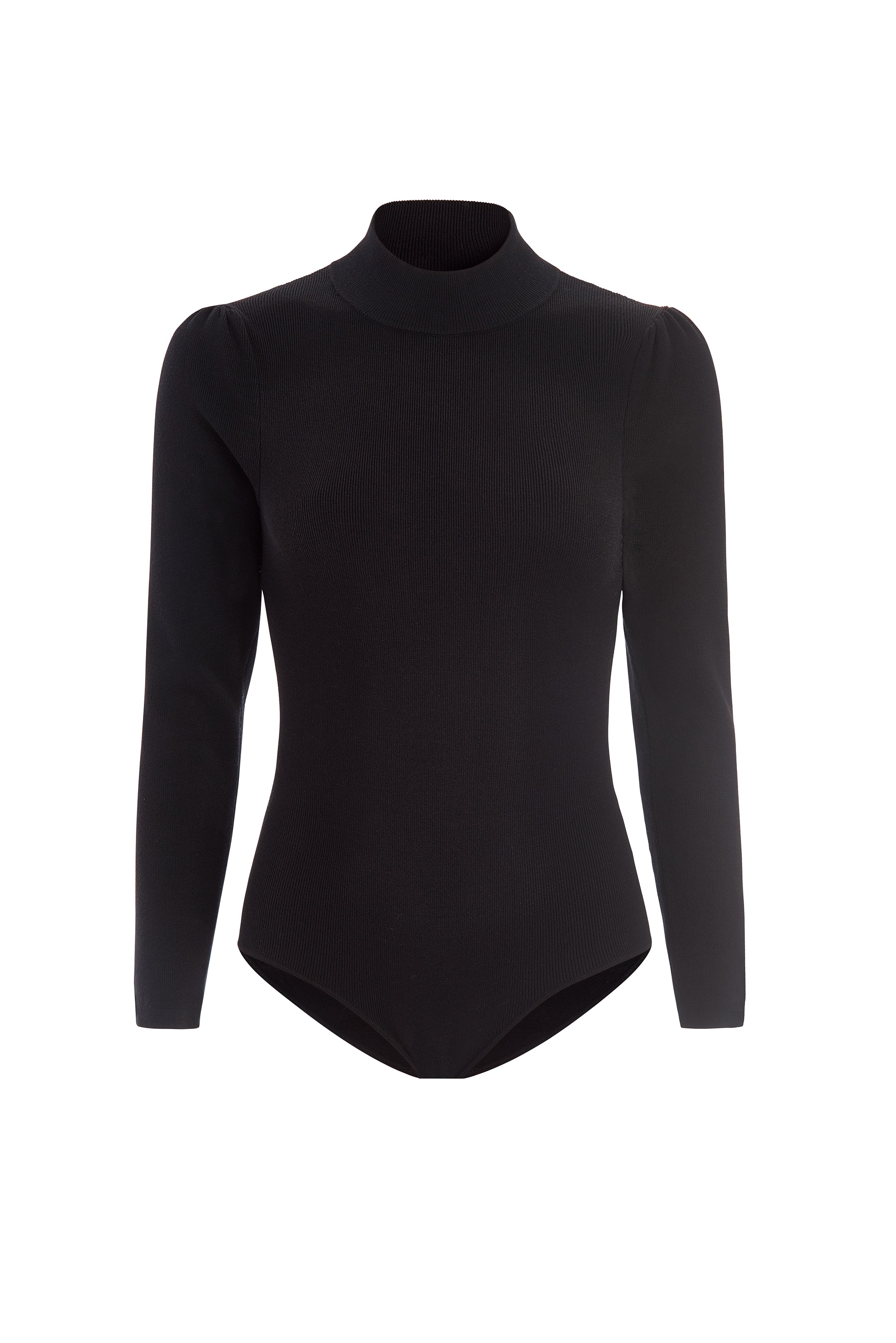 Black ribbed knit turtleneck bodysuit with long sleeves on white background