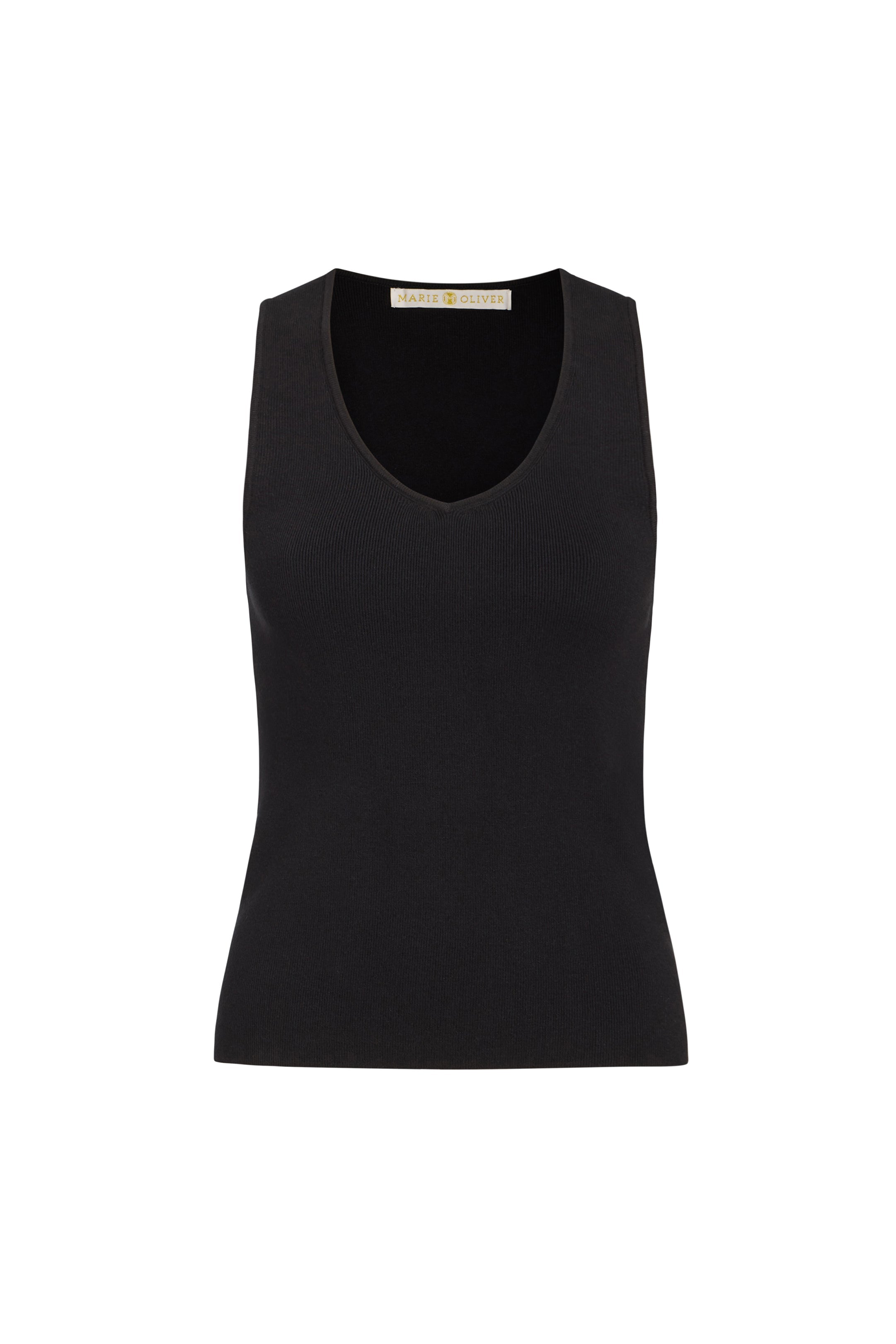 Marie Oliver Miranda Tank in black with v-neck design on white background