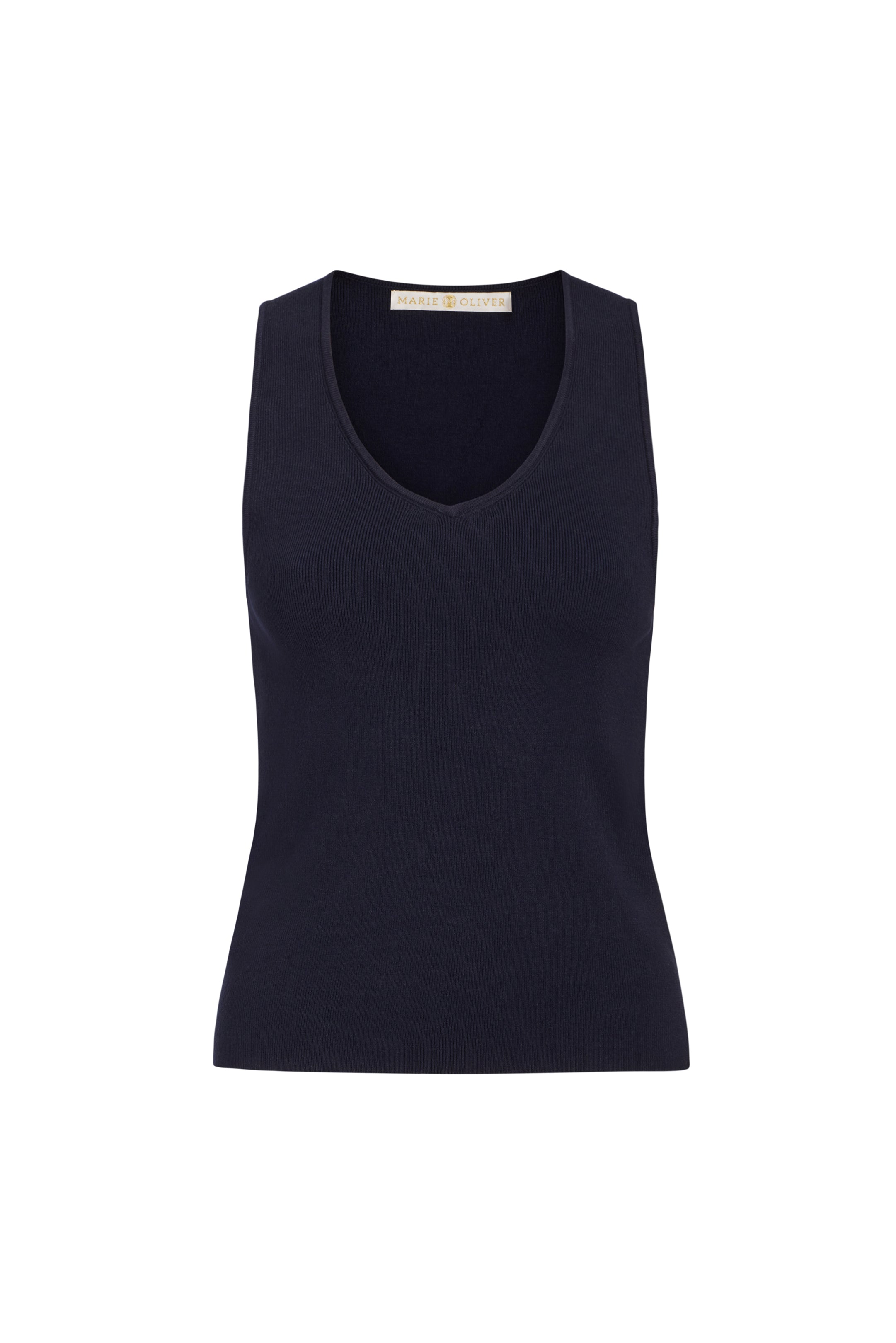 Marie Oliver Miranda Tank in navy blue with V-neck on white background