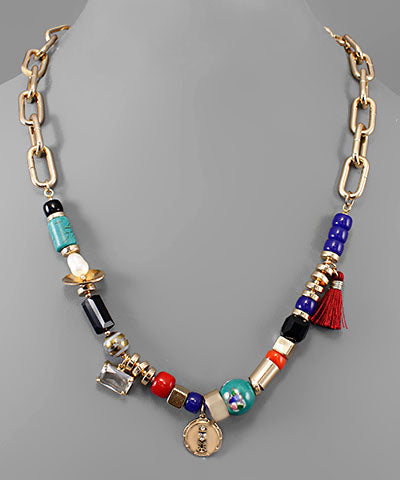 Multi Bead Tassel & Chain Necklace