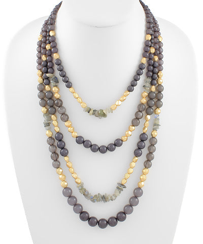 4 Row Stone & Metal Ball Necklace