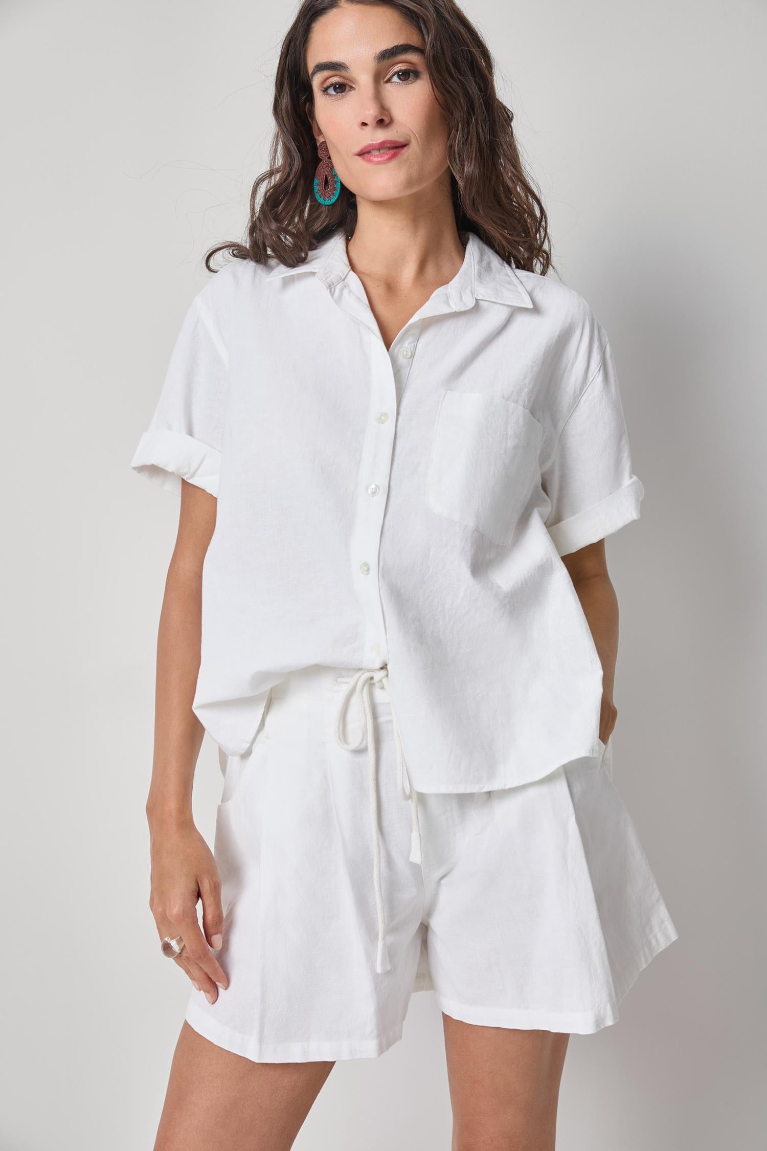 Linen Blend Boyfriend Button Down | White