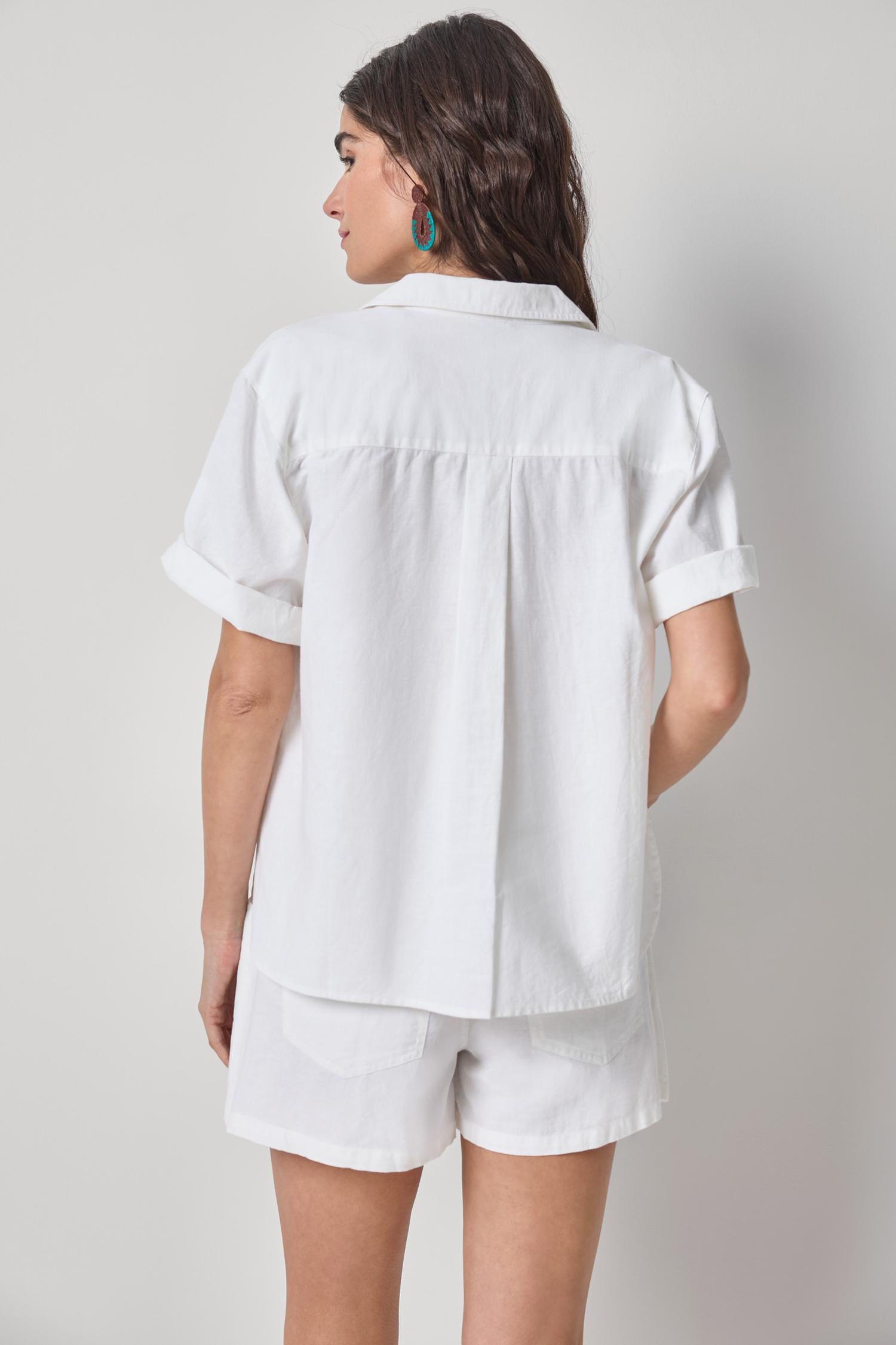 Linen Blend Boyfriend Button Down | White