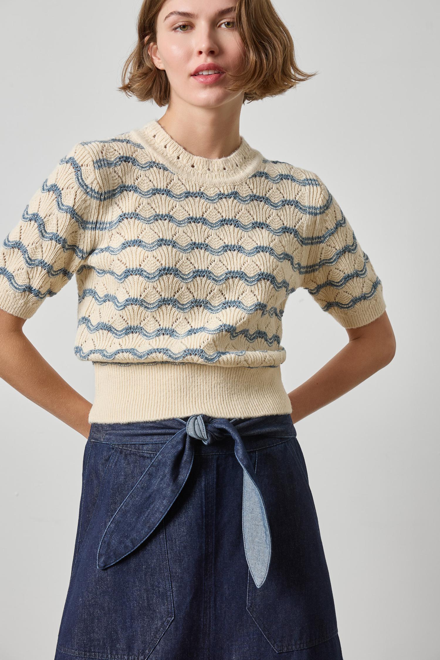 Lilla P Loft Sweater in Winter White Stripe, short-sleeve pointelle knit cropped top with blue wave stripes