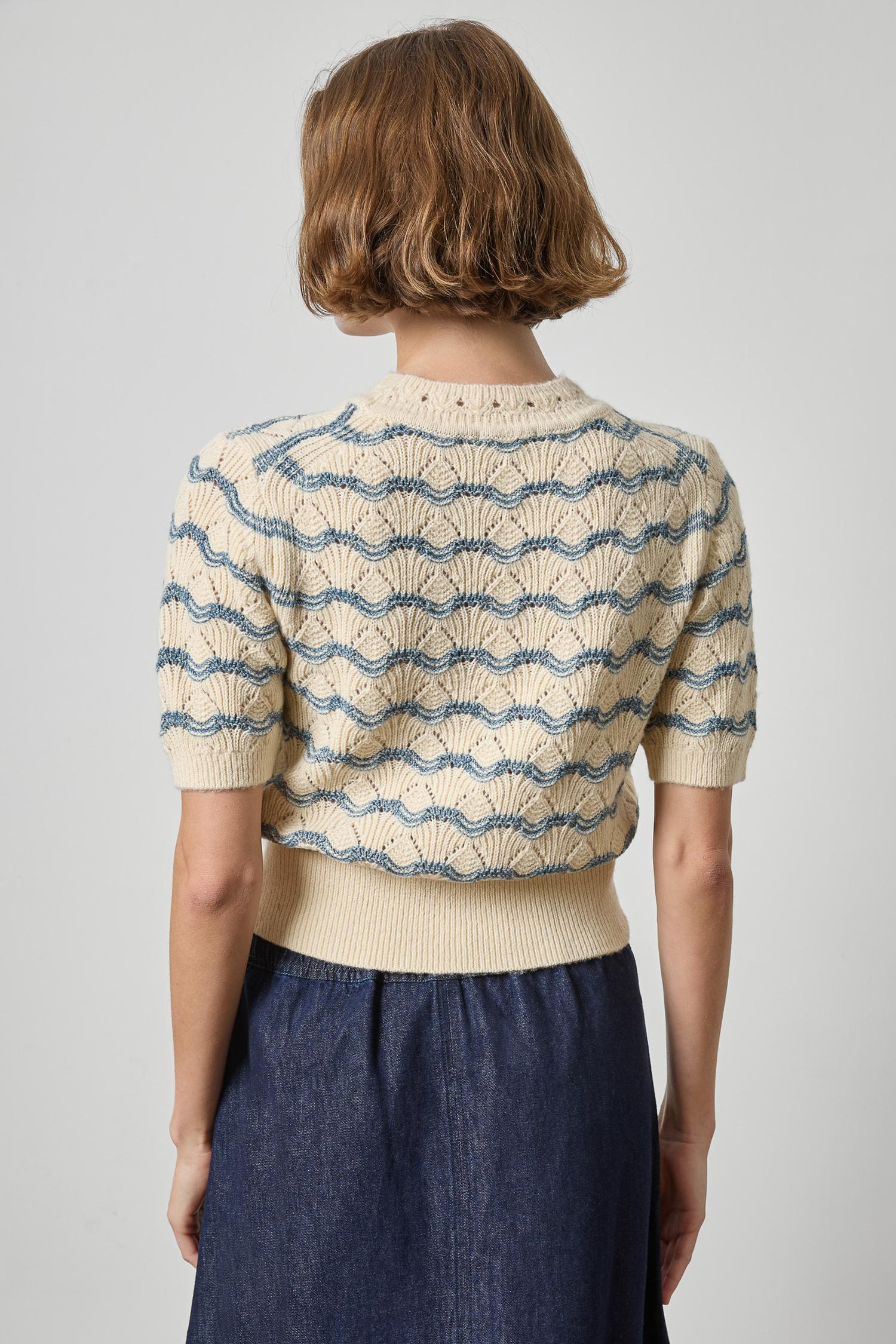 Lilla P Loft Sweater in Winter White Stripe, back view, short sleeve pointelle knit top