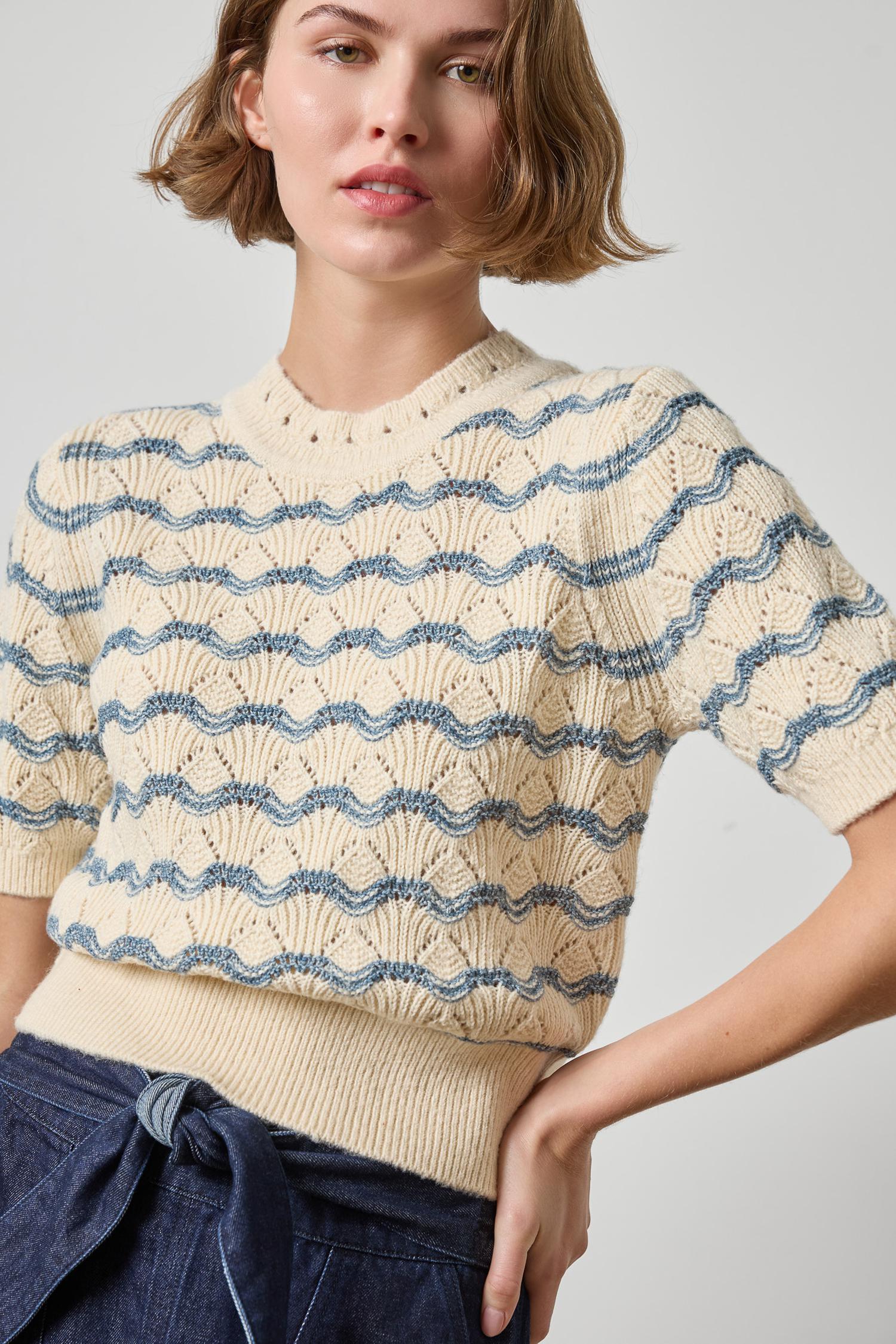 Lilla P short-sleeve knit sweater in winter white with blue wavy stripes and pointelle detail