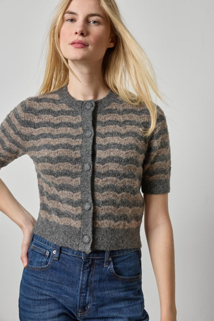 Crewneck Cardigan | Graphite Stripe
