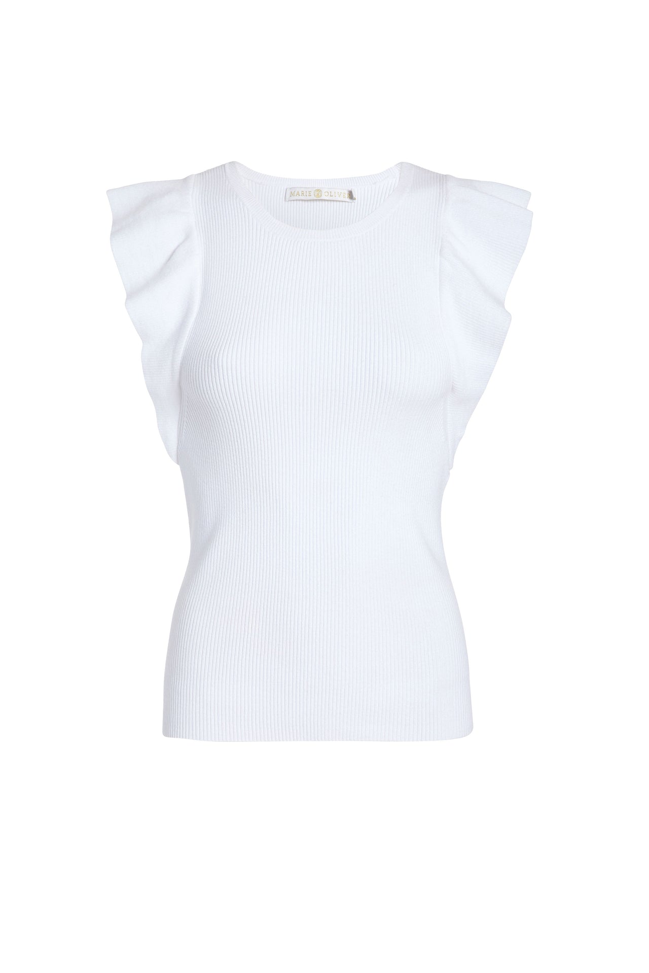 Marie Oliver Rory Top in white ribbed knit with flutter sleeves on white background