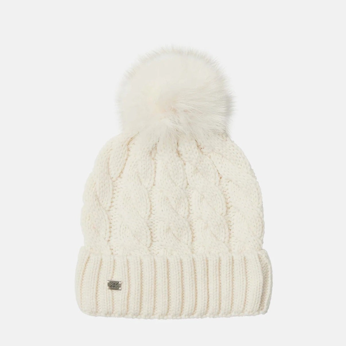 Soia & Kyo Amalie knit beanie hat in powder cream with faux fur pom pom
