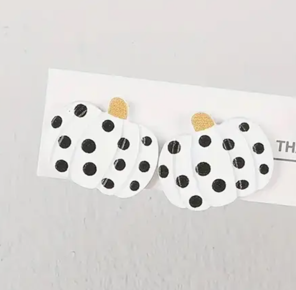 Acrylic Pumpkin Earrings | Black & White Dots