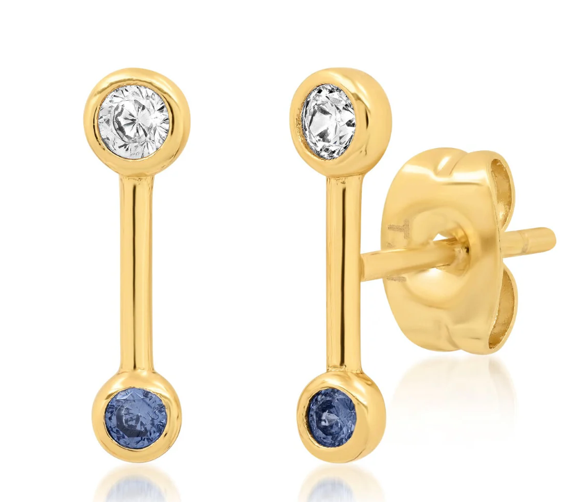 Gold Bar Studs With Cz & Blue Glass Accents