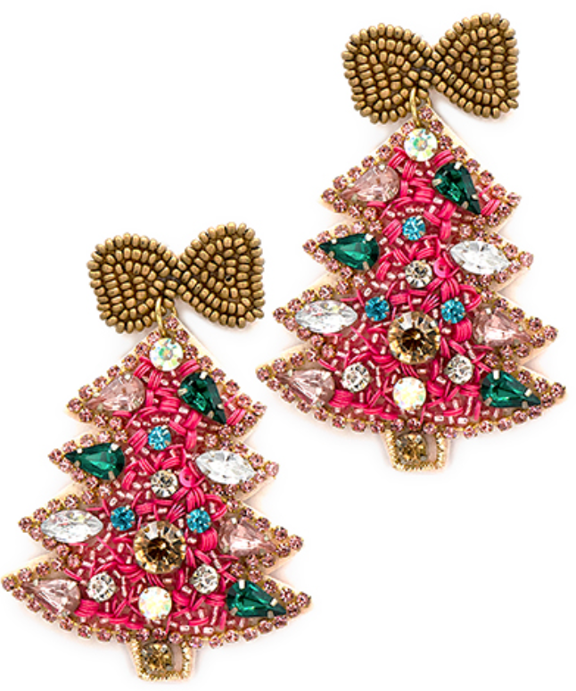 Christmas Tree & Ribbon Earrings | Pink