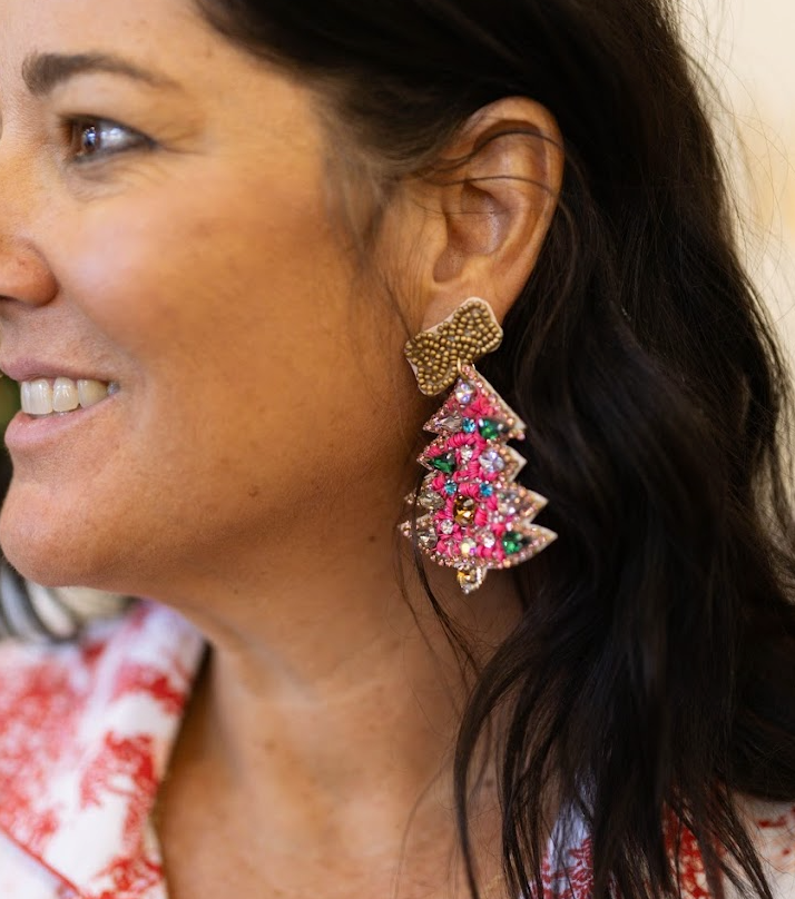 Christmas Tree & Ribbon Earrings | Pink