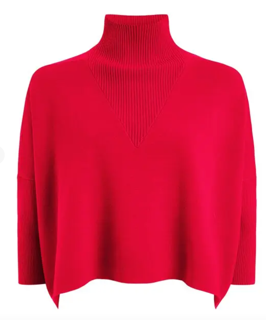 Marie Oliver Claudie Popover in lava red with turtleneck and ribbed details