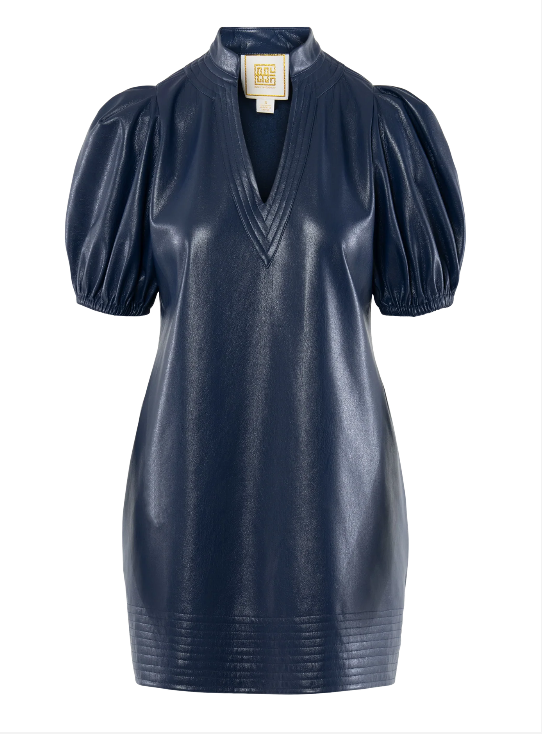 Navy blue vegan leather mini dress with puffed sleeves and V-neckline