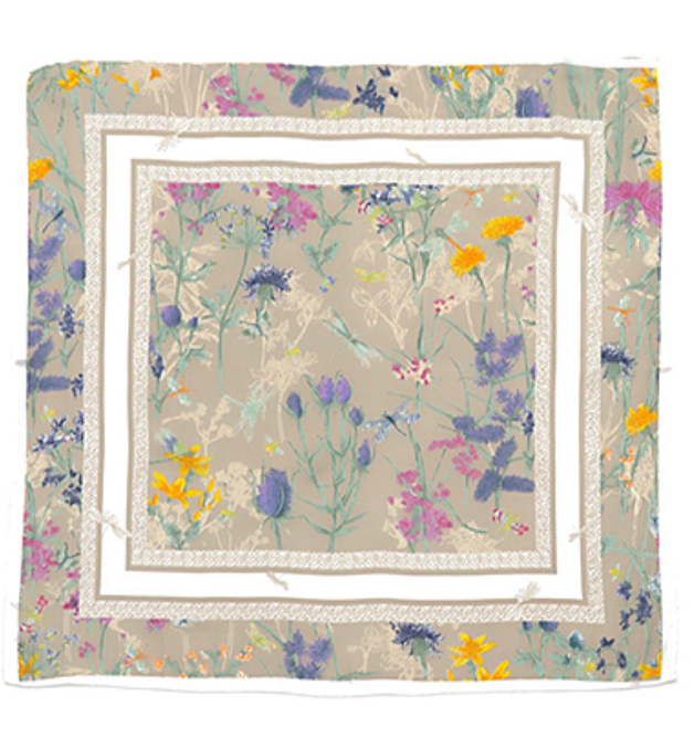 Floral & Dragonfly Print Silky Bandana | Beige