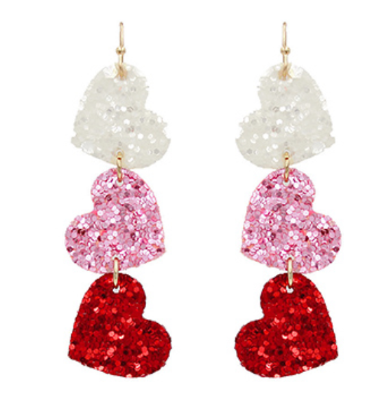 Glitter Heart 3 Drop Earrings | Pink