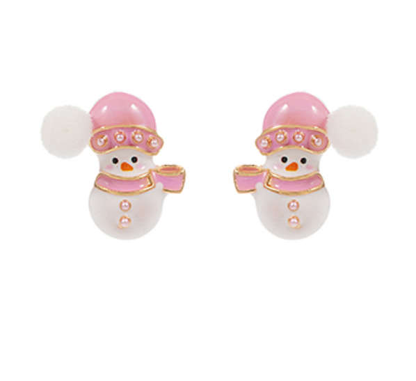 Snowman Enamel & Pom Pom Earrings | Pink