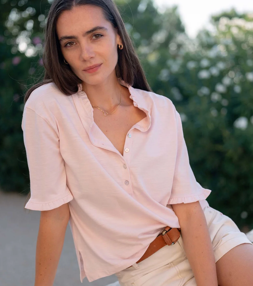 Josephine Ruffle Henley Tee | Rose Quartz