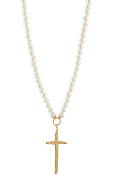 Hammered Cross Pendant Necklace | Pearl