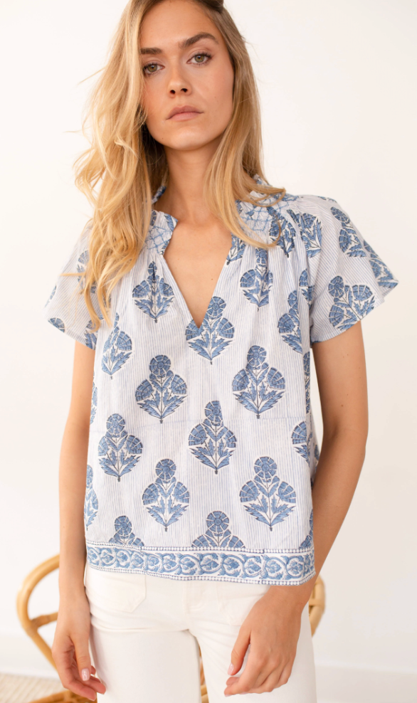 Cecelia Top | Indigo Striped Hollyhock