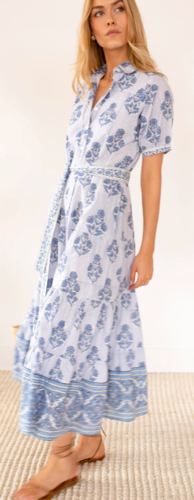 Short Sleeve Dress | Indigo Striped Hollyhock