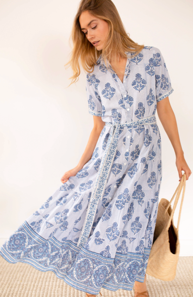 Short Sleeve Dress | Indigo Striped Hollyhock