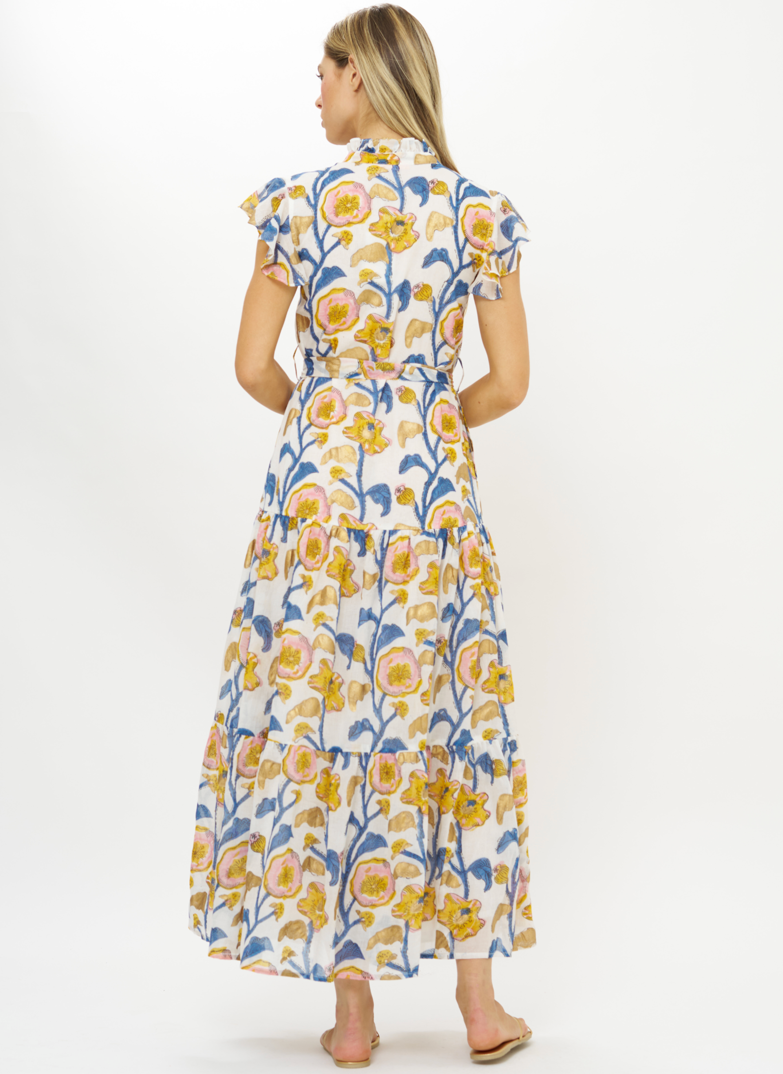 Oliphant Ruffle Collar Button Maxi dress in Poppy Marigold floral print, back view