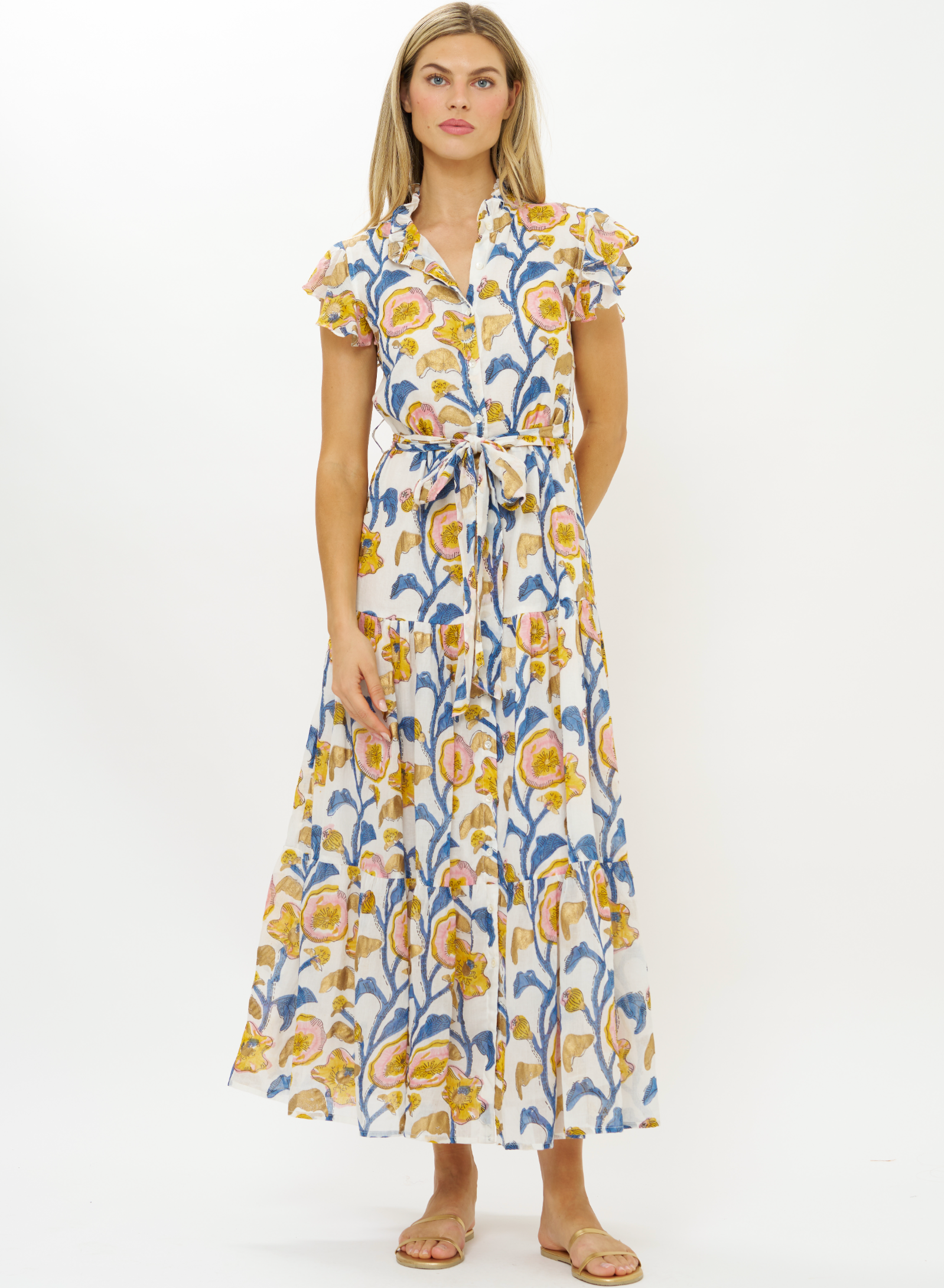 Oliphant Ruffle Collar Button Maxi dress in Poppy Marigold floral print with tiered skirt