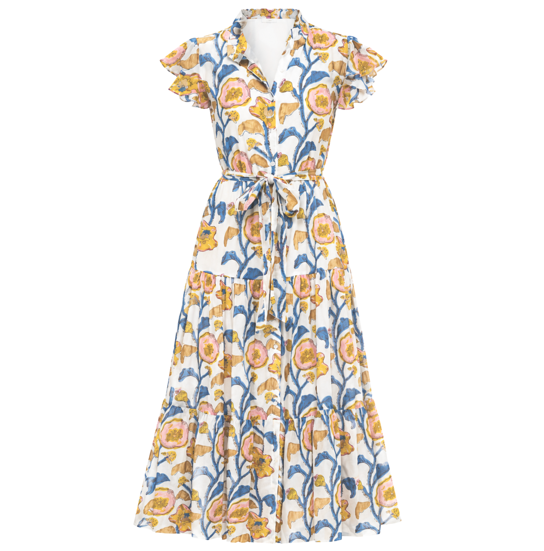 Oliphant Ruffle Collar Button Maxi dress in Poppy Marigold floral print with tie waist
