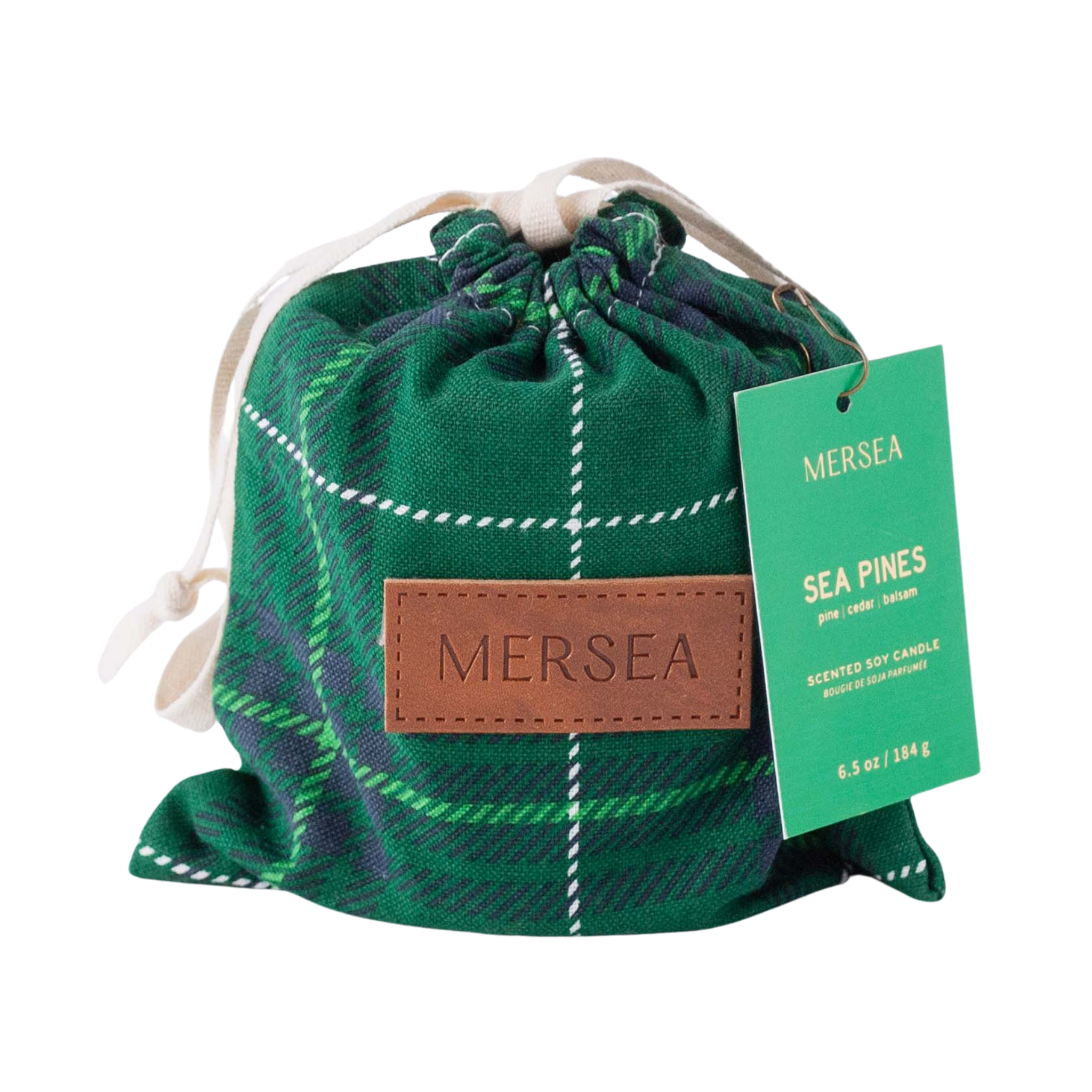 Mersea Sea Pines scented soy candle in green plaid drawstring bag with leather patch