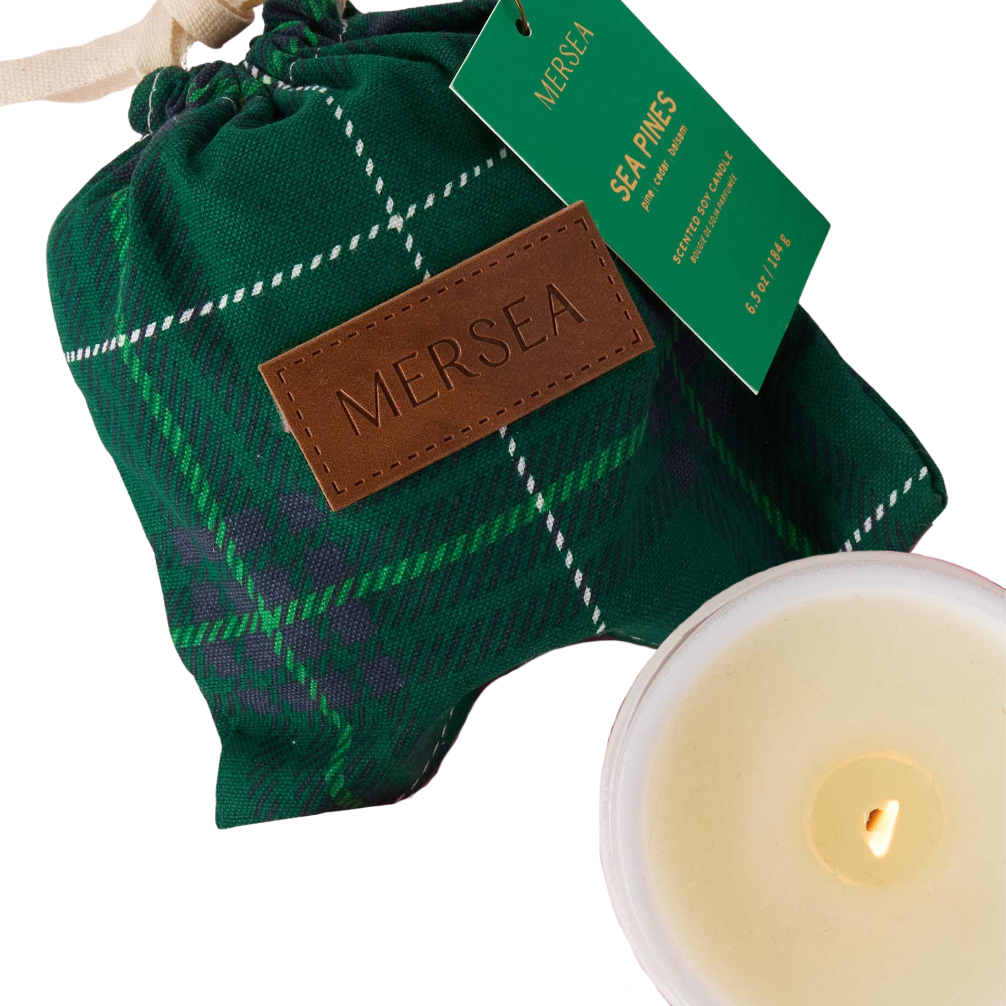 Mer-Sea Sea Pines scented soy candle in green plaid drawstring bag with leather patch