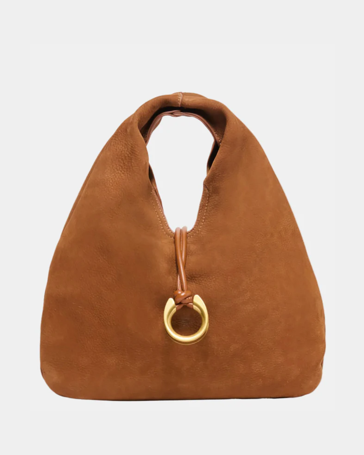 Dolce Vita Martin hobo bag in tobacco brown suede with gold ring hardware detail