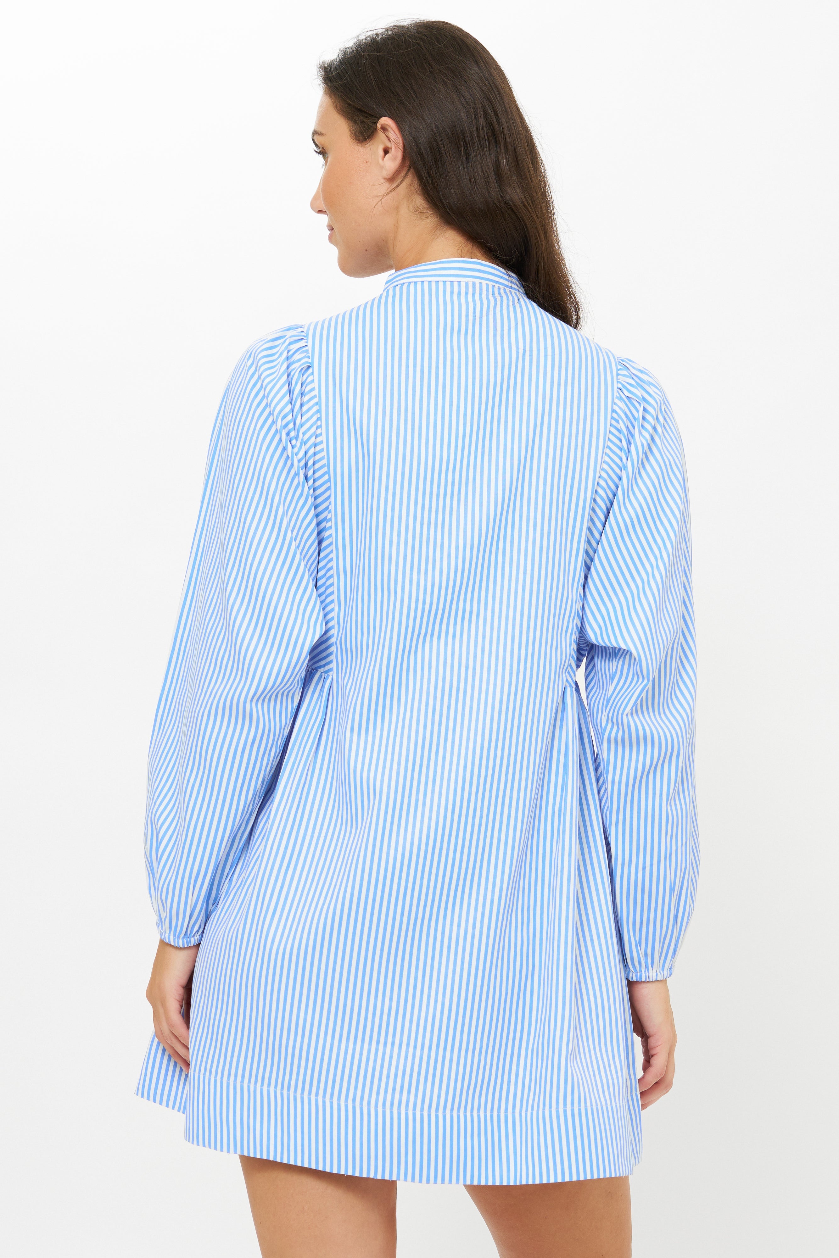 Woman wearing blue striped shirt dress with long sleeves, shown from behind