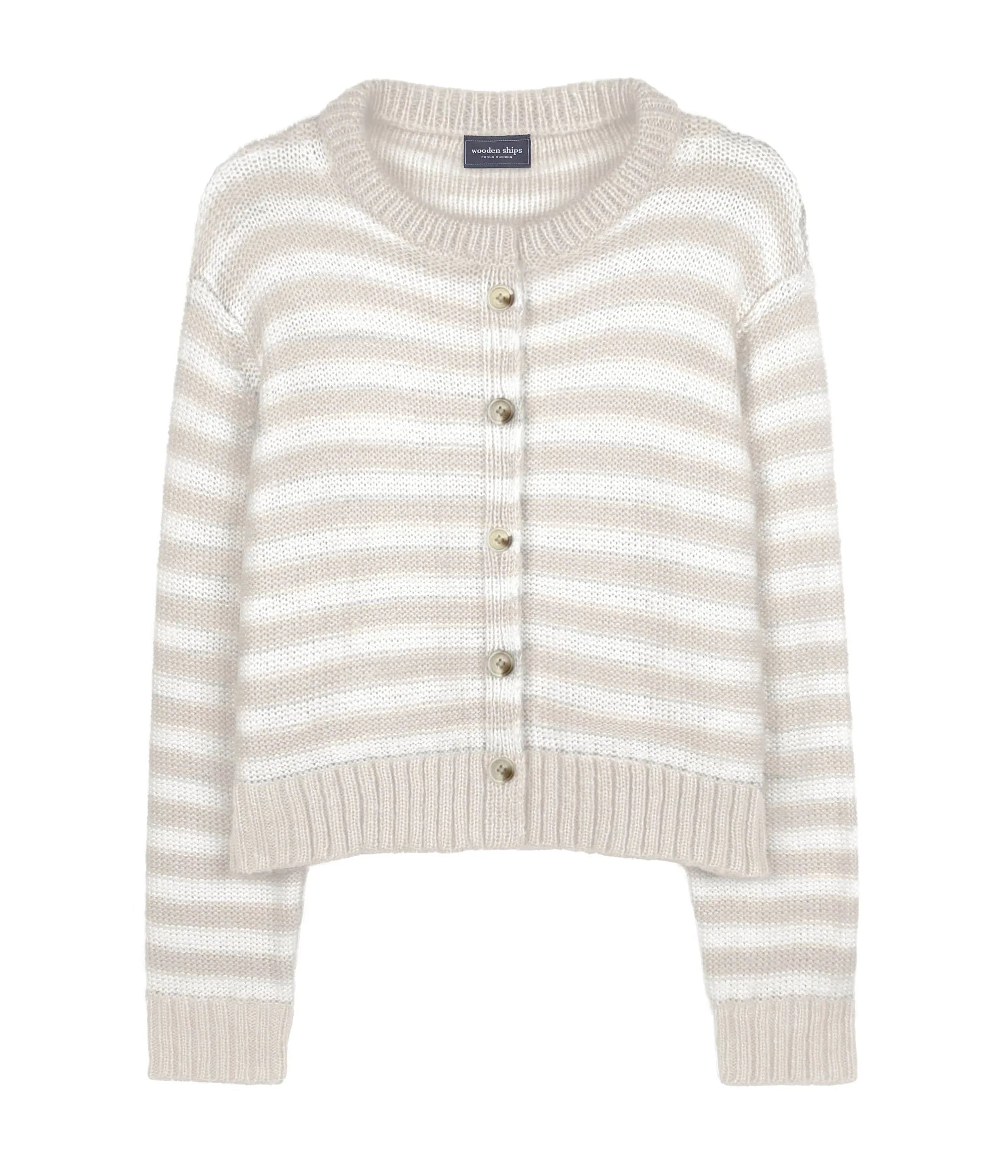 Wooden Ships Tommy striped cardigan in Pure Snow with button front and ribbed trim