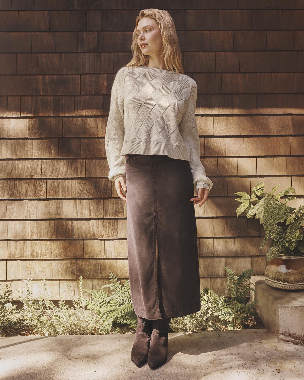 Splendid Ryder Suede Skirt in Java, a dark brown maxi skirt with front slit