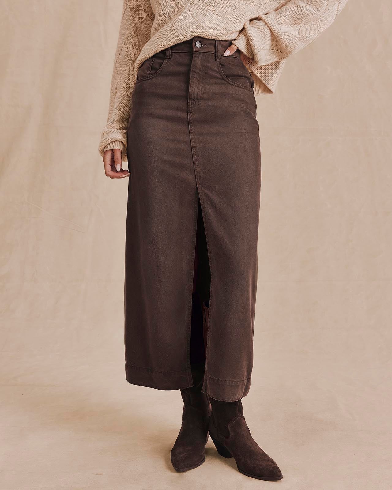 Splendid Ryder denim maxi skirt in java brown with front slit and suede boots