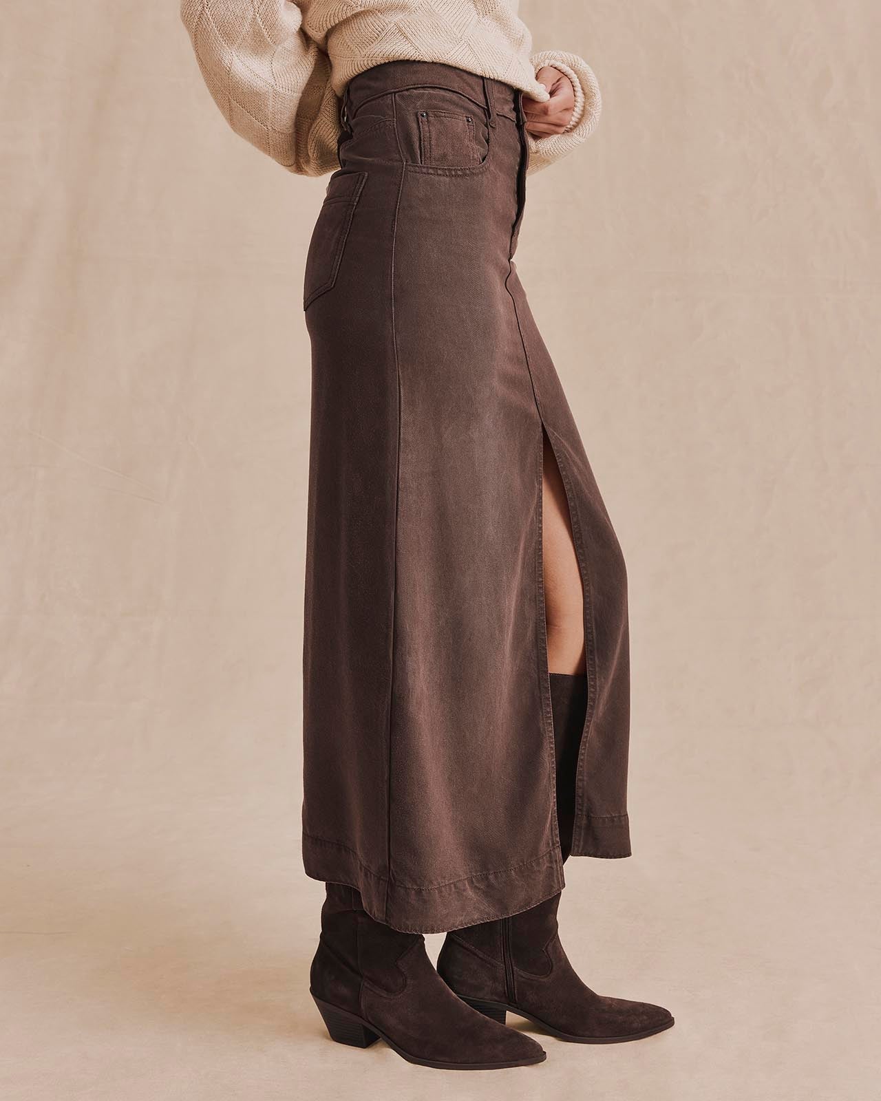 Splendid Ryder maxi denim skirt in java brown with side slit and western boots