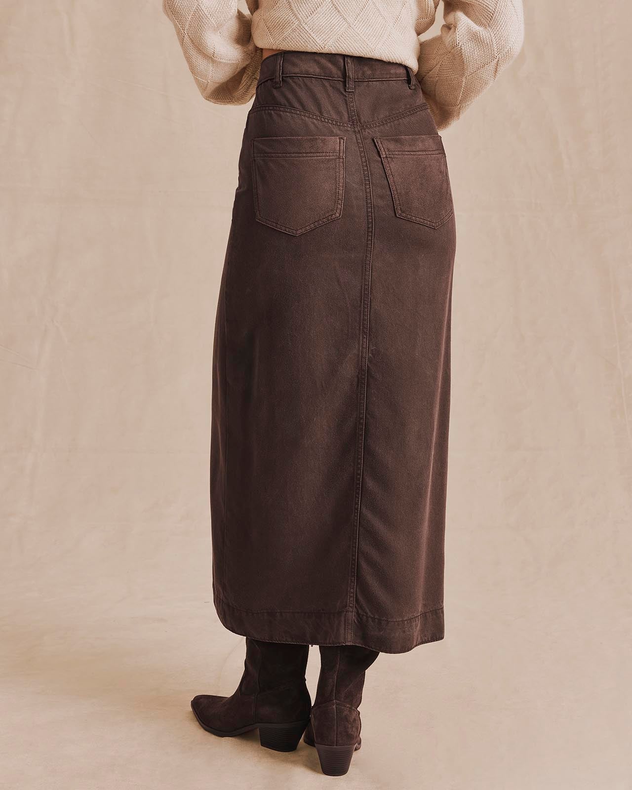 Splendid Ryder maxi denim skirt in java brown shown from behind with boots