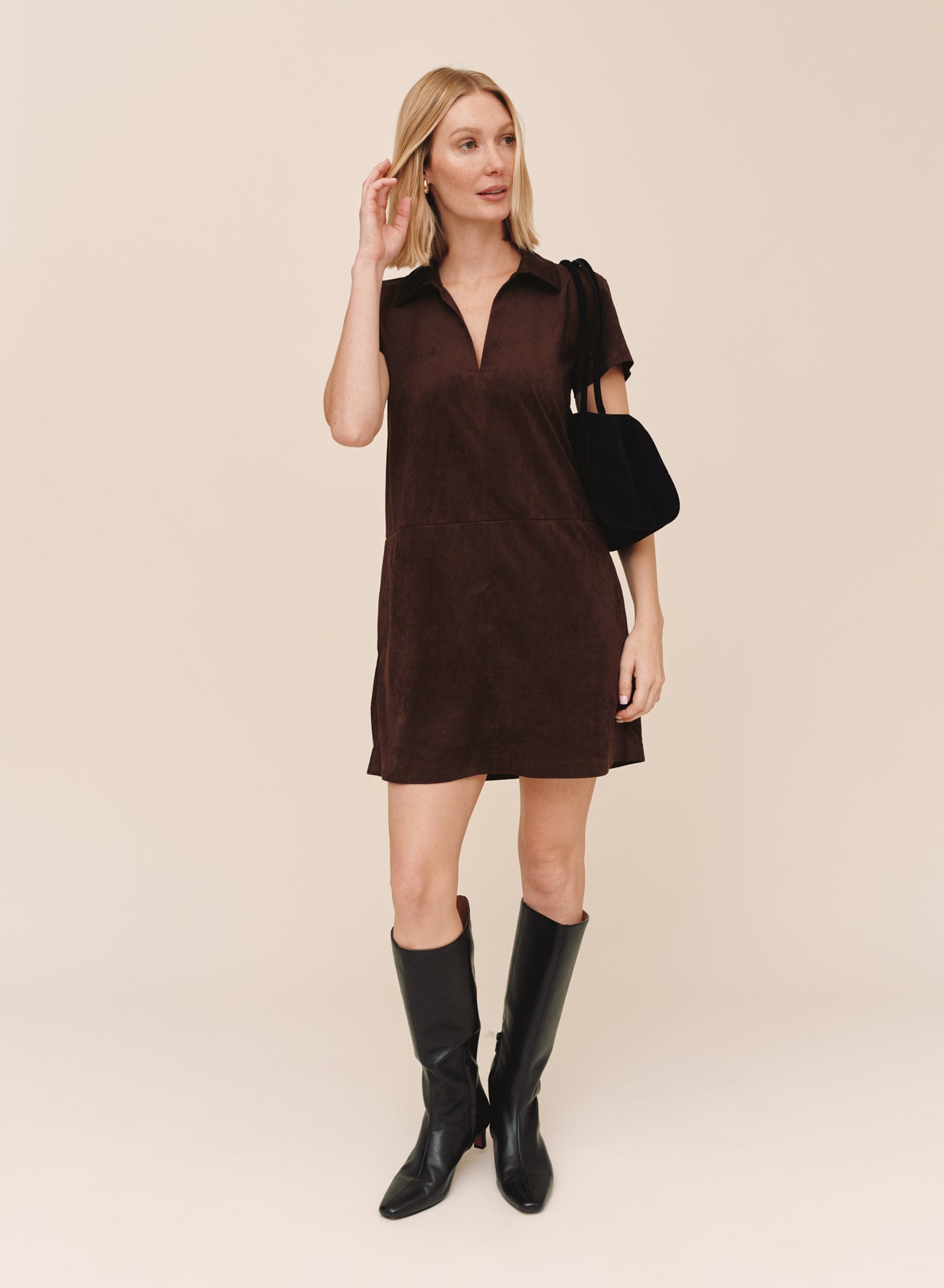 Bella Dahl dark brown suede mini A-line dress with collar and short sleeves
