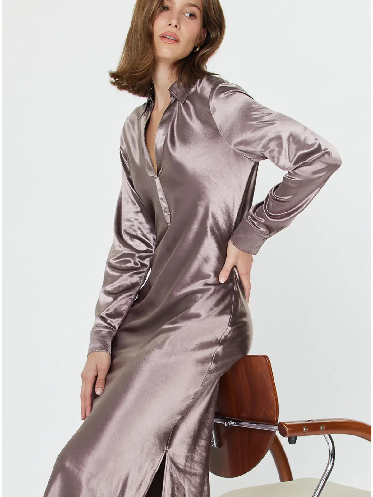 Satin Bias Shirt Dress | Mauve Brown