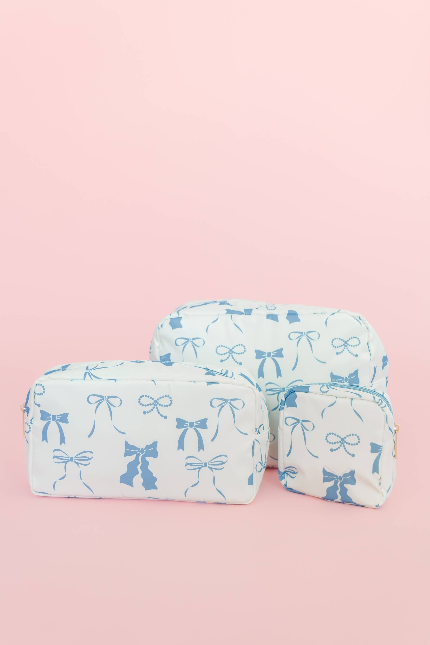 Travel Toiletry Cosmetic Bag Set | Blue Bow Print